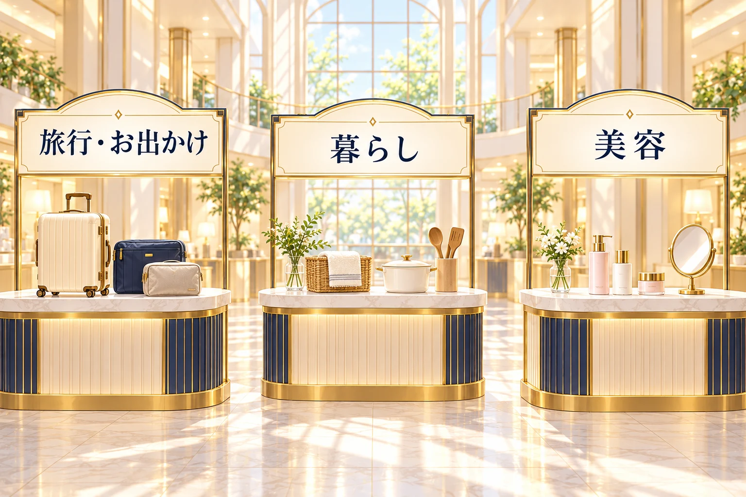 旅行・お出かけ、暮らし、美容が並ぶ売り場